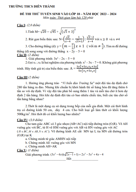 Đề thi thử Toán vào năm 2023 2024 trường THCS Diễn Thành Nghệ An 4 de thi thu toan vao nam 2023 2024 truong thcs dien thanh nghe an d