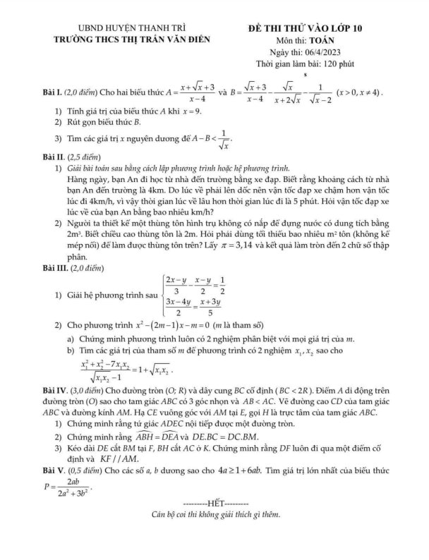 de thi thu toan vao nam 2023 truong thcs thi tran van dien ha noi d