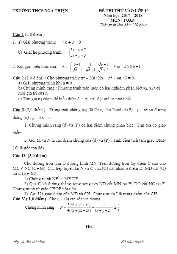 Đề thi thử tuyển sinh năm học 2017 2018 môn Toán trường THCS Nga Thiện Thanh Hóa 10 de thi thu tuyen sinh nam hoc 2017 2018 mon toan truong thcs nga thien thanh hoa d
