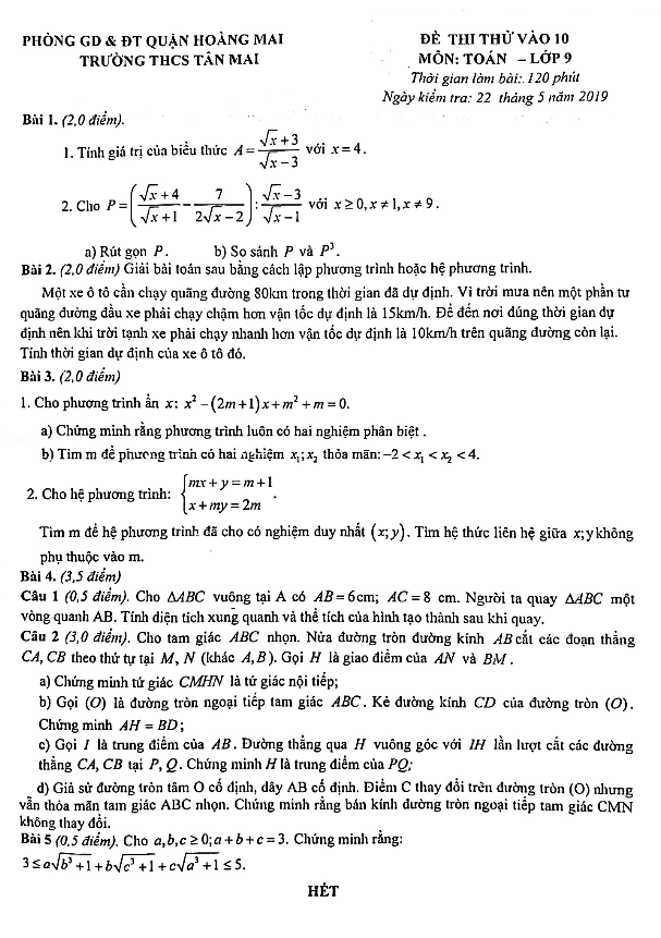 Đề thi thử vào 10 môn Toán năm 2019 trường THCS Tân Mai Hà Nội 7 de thi thu vao 10 mon toan nam 2019 truong thcs tan mai ha noi d