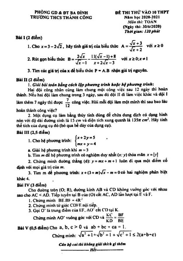 de thi thu vao 10 mon toan nam 2020 2021 truong thcs thanh cong ha noi d