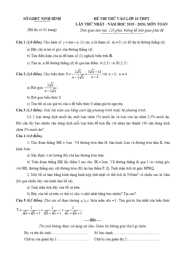 de thi thu vao mon toan nam 2020 2021 lan 1 so gd dt ninh binh d