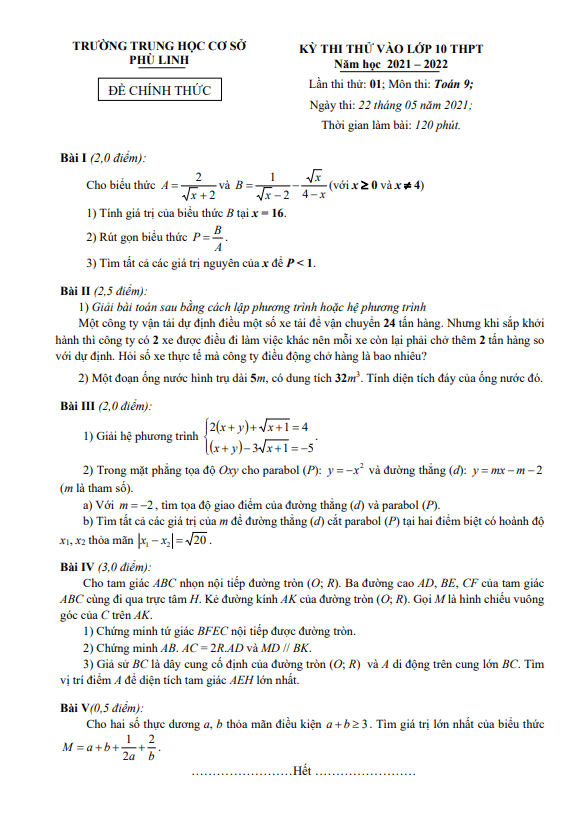 de thi thu vao mon toan nam 2021 2022 truong thcs phu linh ha noi d