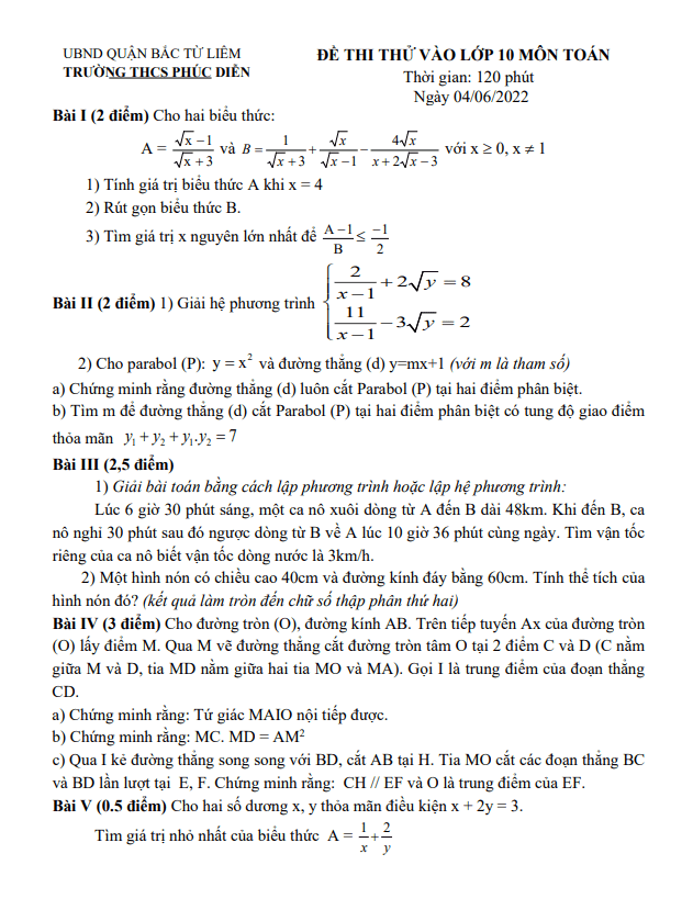 Đề thi thử vào môn Toán năm 2022 trường THCS Phúc Diễn Hà Nội 6 de thi thu vao mon toan nam 2022 truong thcs phuc dien ha noi d