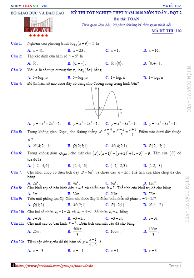 de thi tot nghiep trung hoc pho thong mon toan nam 2020 dot 2 d