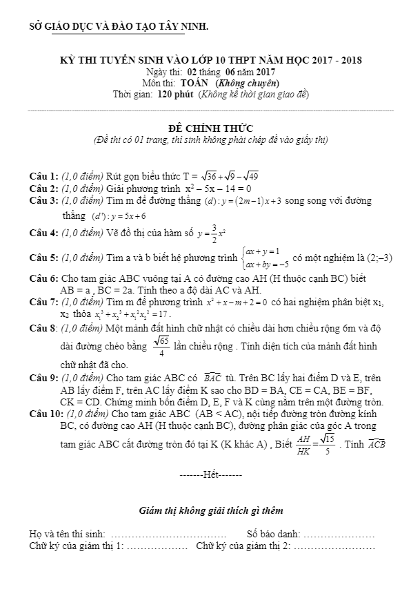 de thi tuyen sinh nam hoc 2017 2018 mon toan so gd va dt tay ninh d