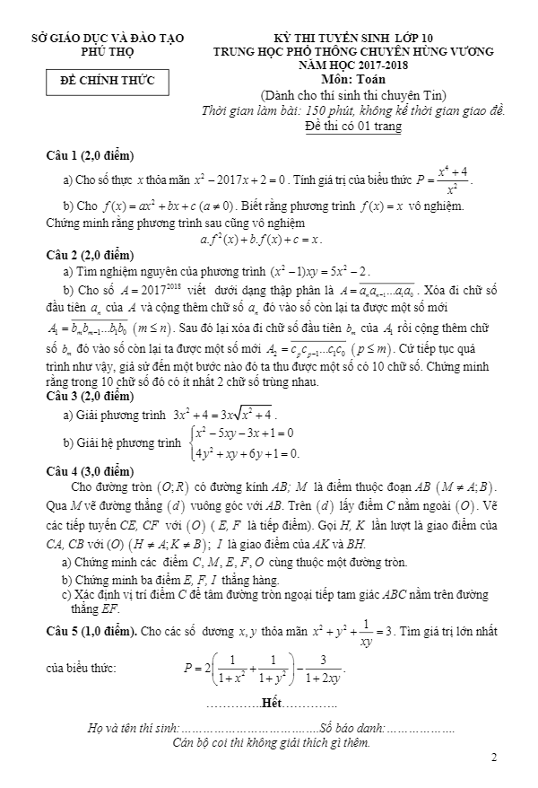de thi tuyen sinh nam hoc 2017 2018 mon toan truong thpt chuyen hung vuong phu tho chuyen tin d
