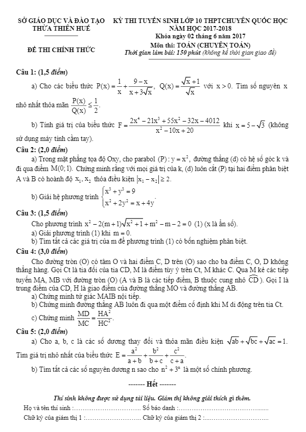 de thi tuyen sinh nam hoc 2017 2018 mon toan truong thpt chuyen quoc hoc tt hue chuyen toan d