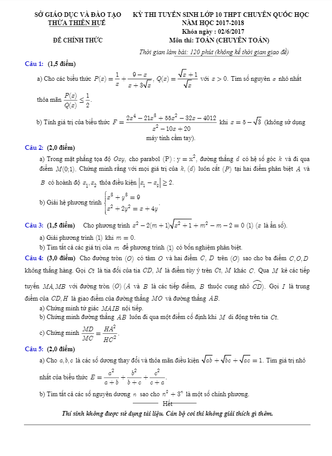 de thi tuyen sinh nam hoc 2017 2018 mon toan truong thpt chuyen quoc hoc tt hue d