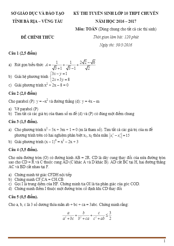 de thi tuyen sinh thpt chuyen nam 2017 mon toan so gd va dt ba ria vung tau d