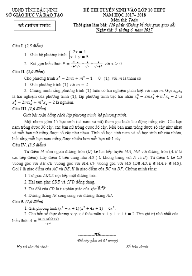 Đề thi tuyển sinh THPT năm học 2017 2018 môn Toán sở GD và ĐT Bắc Ninh 1 de thi tuyen sinh thpt nam hoc 2017 2018 mon toan so gd va dt bac ninh d