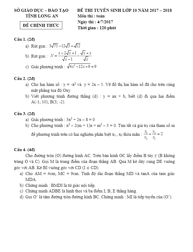 Đề thi tuyển sinh THPT năm học 2017 2018 môn Toán sở GD và ĐT Long An 2 de thi tuyen sinh thpt nam hoc 2017 2018 mon toan so gd va dt long an d