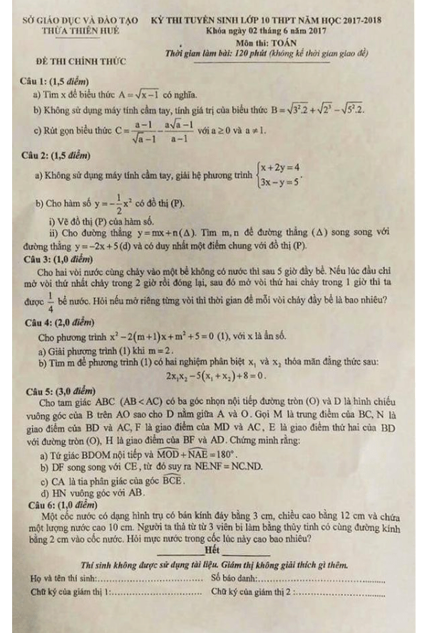 de thi tuyen sinh thpt nam hoc 2017 2018 mon toan so gd va dt thua thien hue d