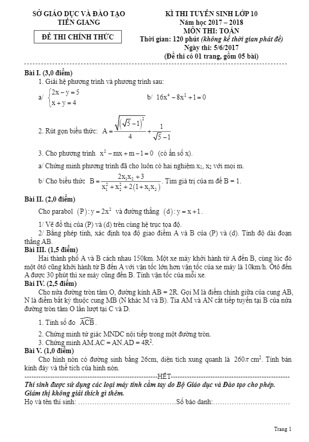 de thi tuyen sinh thpt nam hoc 2017 2018 mon toan so gd va dt tien giang d