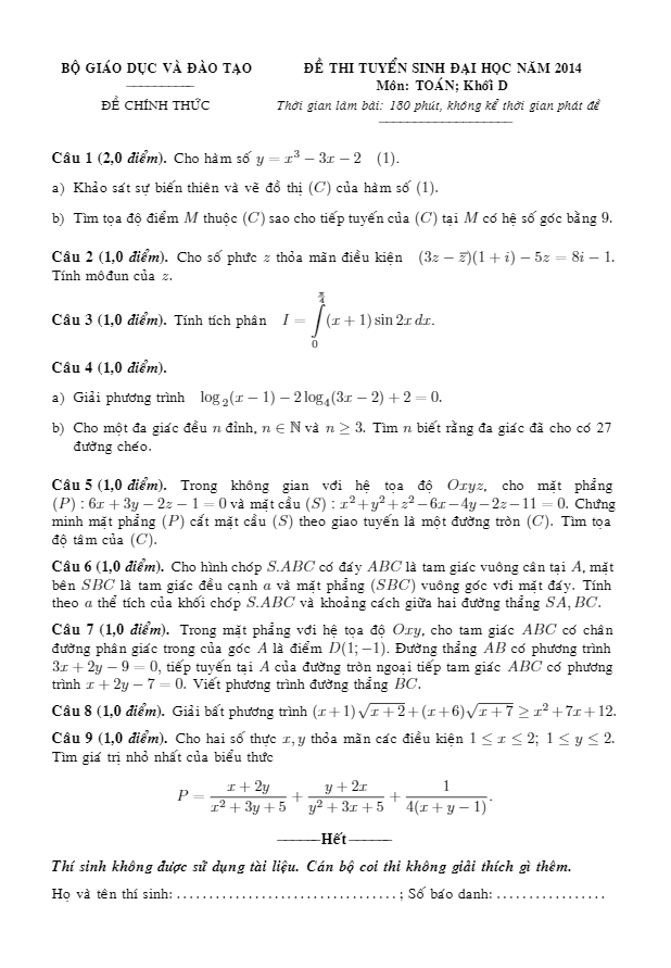 de thi va dap an mon toan khoi d nam 2014 d