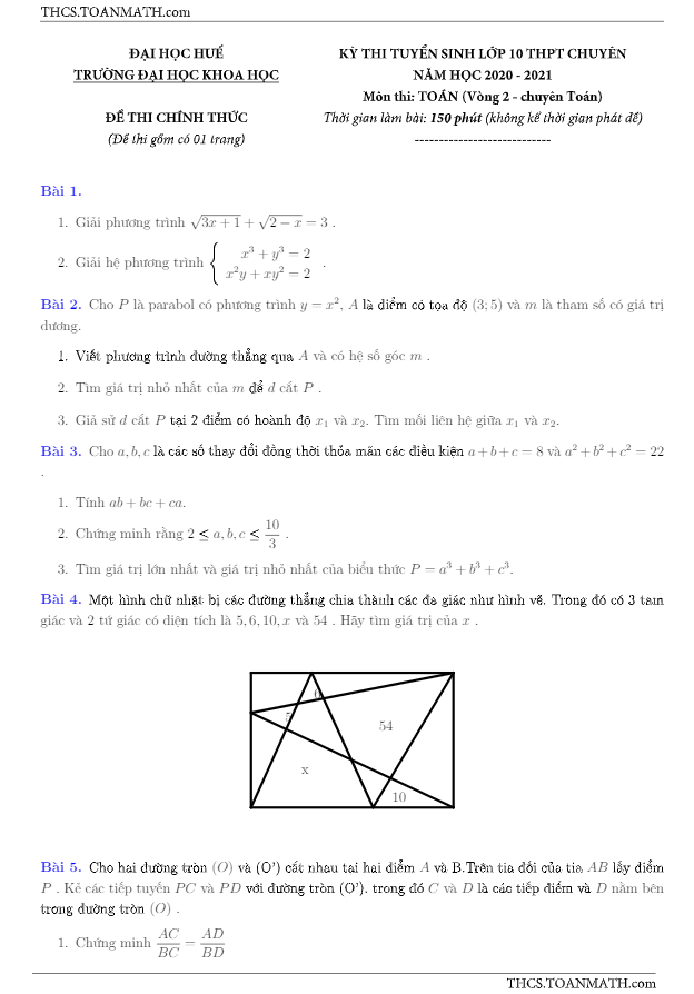 de thi vao 10 chuyen mon toan nam 2020 2021 truong dhkh hue vong 2 d
