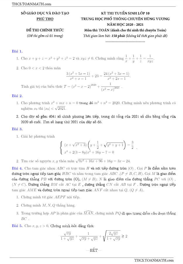 de thi vao 10 mon toan chuyen nam 2020 2021 truong chuyen hung vuong phu tho d