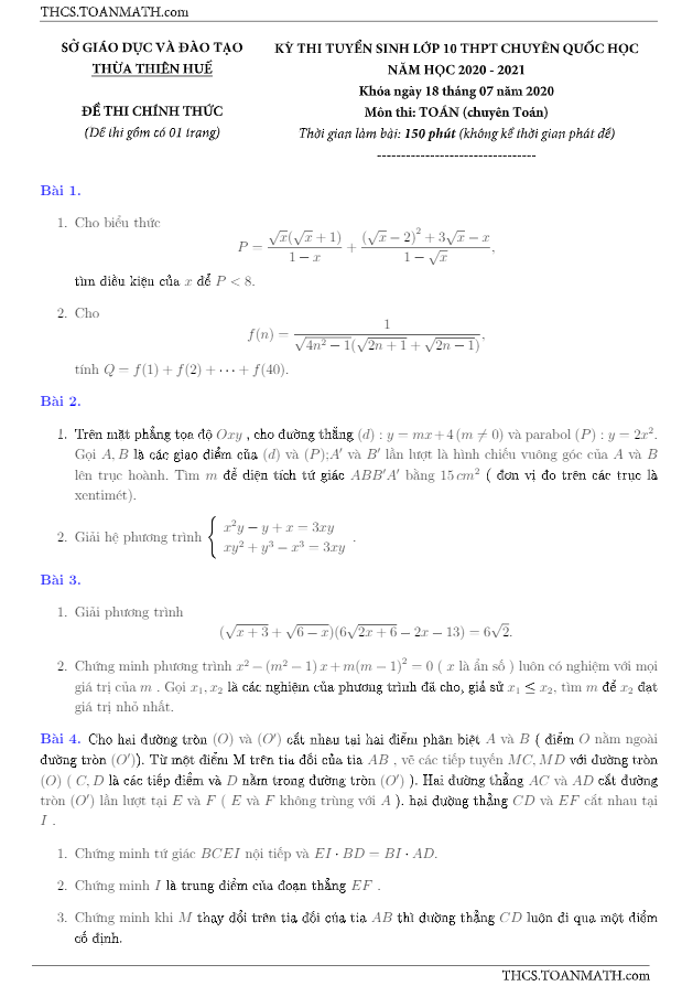 Đề thi vào 10 môn Toán (chuyên) năm 2020 2021 trường chuyên Quốc học Huế 4 de thi vao 10 mon toan chuyen nam 2020 2021 truong chuyen quoc hoc hue d