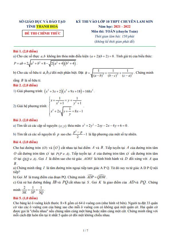 de thi vao 10 mon toan chuyen toan nam 2021 2022 truong chuyen lam son thanh hoa d