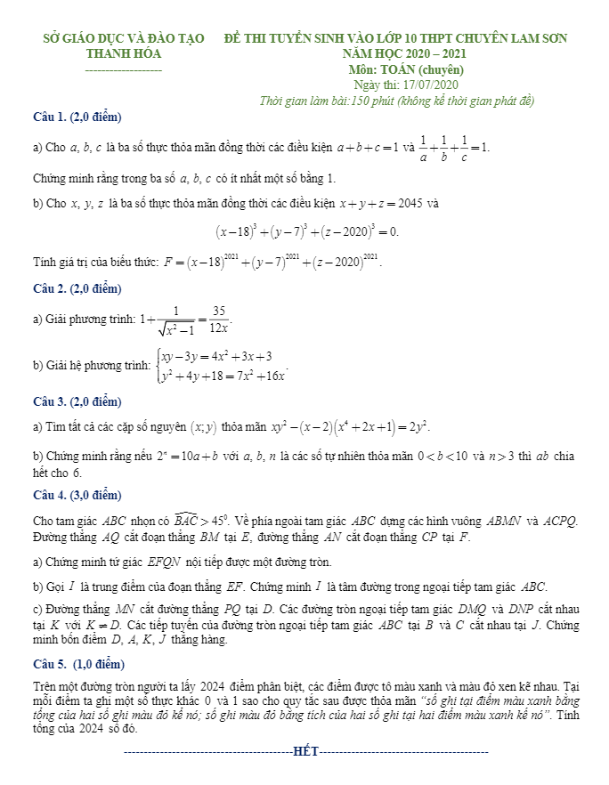 de thi vao 10 mon toan nam 2020 2021 truong thpt chuyen lam son thanh hoa d
