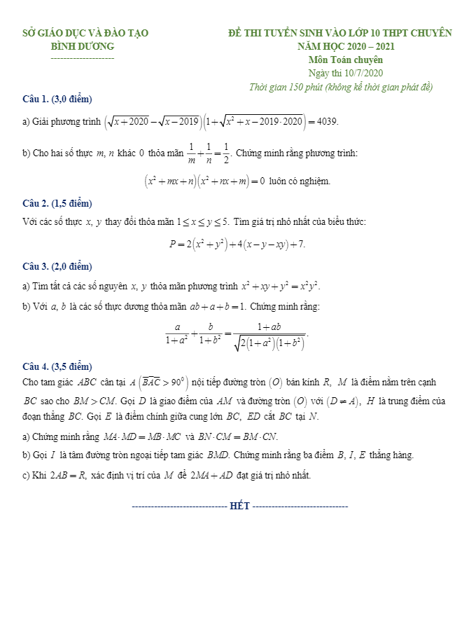 Đề thi vào chuyên môn Toán năm 2020 2021 sở GD ĐT Bình Dương (chuyên) 8 de thi vao chuyen mon toan nam 2020 2021 so gd dt binh duong chuyen d