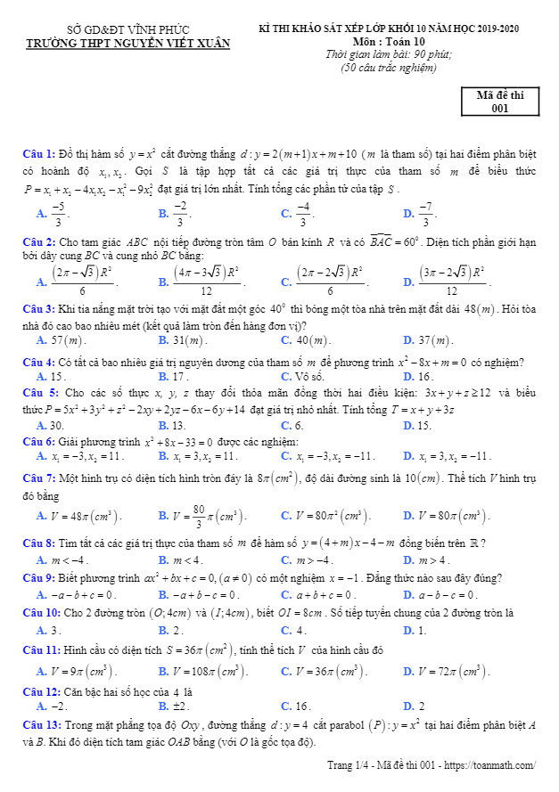 Đề thi xếp lớp Toán 10 năm 2019 – 2020 trường Nguyễn Viết Xuân – Vĩnh Phúc 5 de thi xep lop toan 10 nam 2019 e28093 2020 truong nguyen viet xuan e28093 vinh phuc d