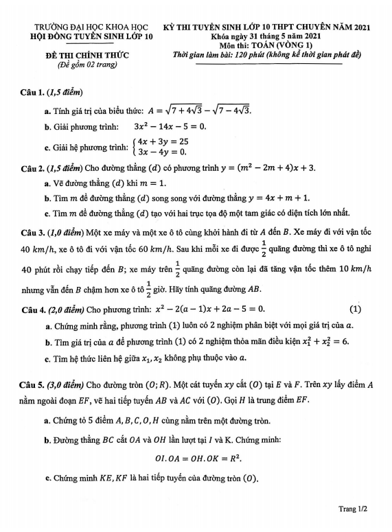 de toan thi vao 10 chuyen nam 2021 truong dai hoc khoa hoc hue vong 1 d
