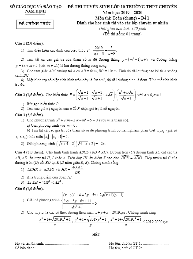 de toan tuyen sinh chuyen nam 2019 2020 so gd dt nam dinh de chung d