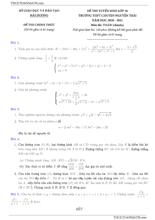 de toan tuyen sinh nam 2020 2021 truong chuyen nguyen trai hai duong d
