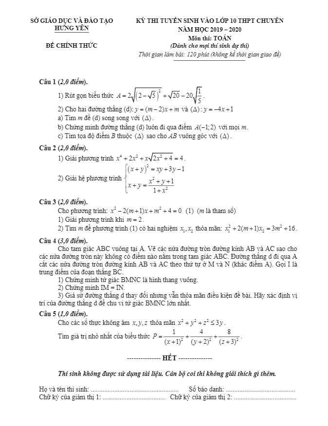 de toan tuyen sinh vao 10 chuyen nam 2019 2020 so gd dt hung yen de chung d