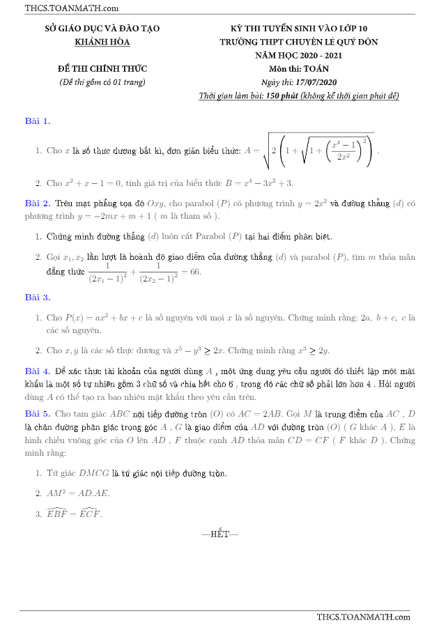 de tuyen sinh 10 mon toan nam 2020 2021 truong chuyen le quy don khanh hoa d