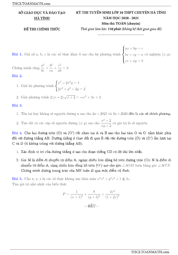 de tuyen sinh 10 mon toan nam 2020 2021 truong thpt chuyen ha tinh chuyen d
