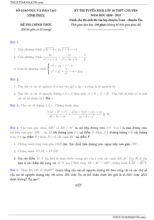 Đề tuyển sinh chuyên môn Toán năm 2020 2021 sở GD ĐT Vĩnh Phúc (chuyên) 1 de tuyen sinh chuyen mon toan nam 2020 2021 so gd dt vinh phuc chuyen d