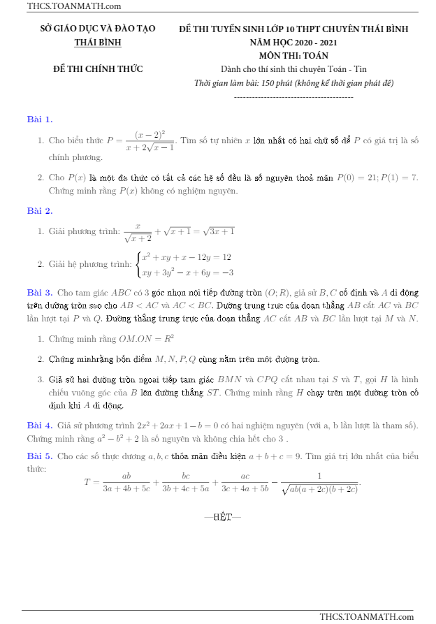 de tuyen sinh mon toan chuyen nam 2020 2021 truong thpt chuyen thai binh d