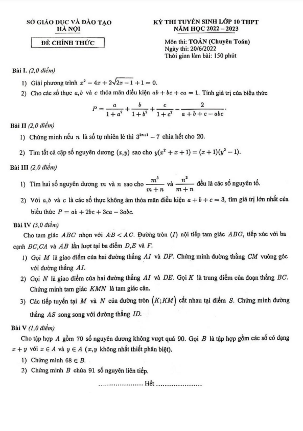 de tuyen sinh mon toan chuyen toan nam 2022 2023 so gd dt ha noi d