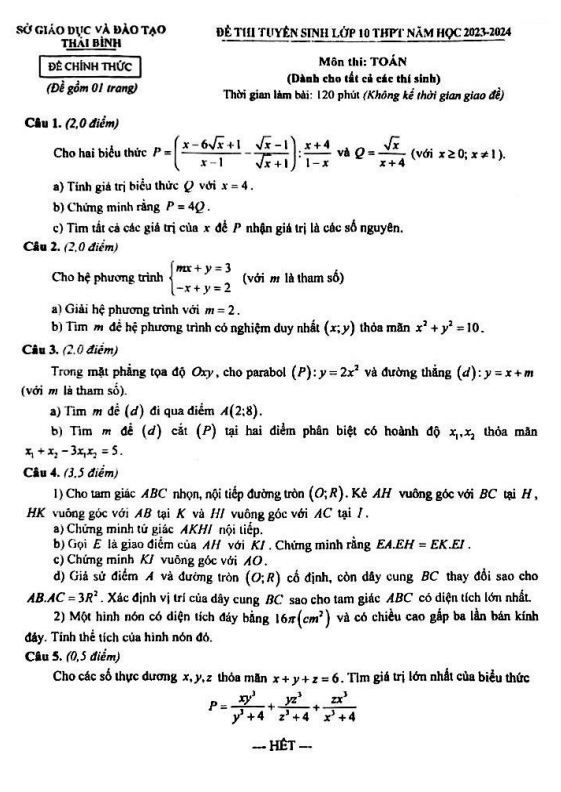 Đề tuyển sinh môn Toán năm 2023 2024 sở GD ĐT Thái Bình 2 de tuyen sinh mon toan nam 2023 2024 so gd dt thai binh d