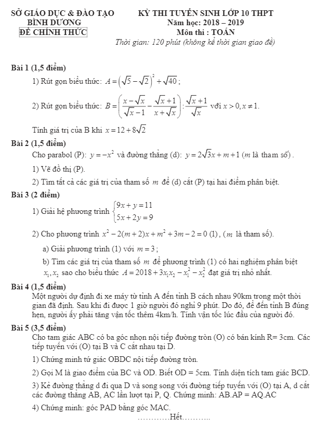 Đề tuyển sinh THPT môn Toán năm 2018 2019 sở GD và ĐT Bình Dương 2 de tuyen sinh thpt mon toan nam 2018 2019 so gd va dt binh duong d