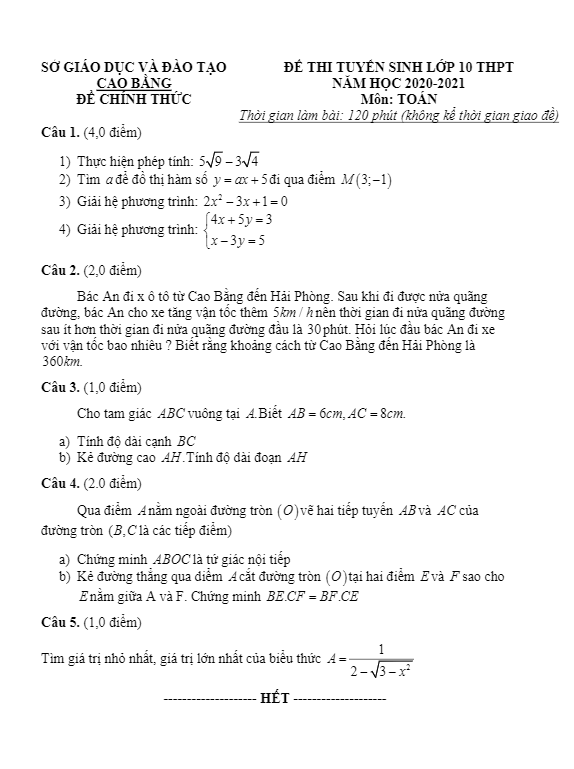 de tuyen sinh thpt mon toan nam 2020 2021 so gd dt cao bang d