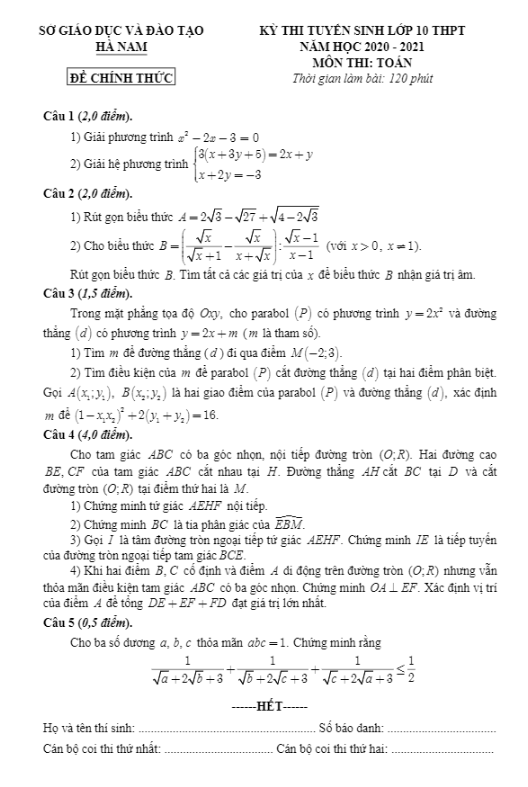 de tuyen sinh thpt mon toan nam 2020 2021 so gd dt ha nam d