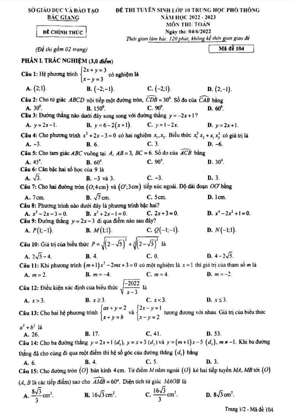 Đề tuyển sinh THPT môn Toán năm 2022 2023 sở GD ĐT Bắc Giang 8 de tuyen sinh thpt mon toan nam 2022 2023 so gd dt bac giang d