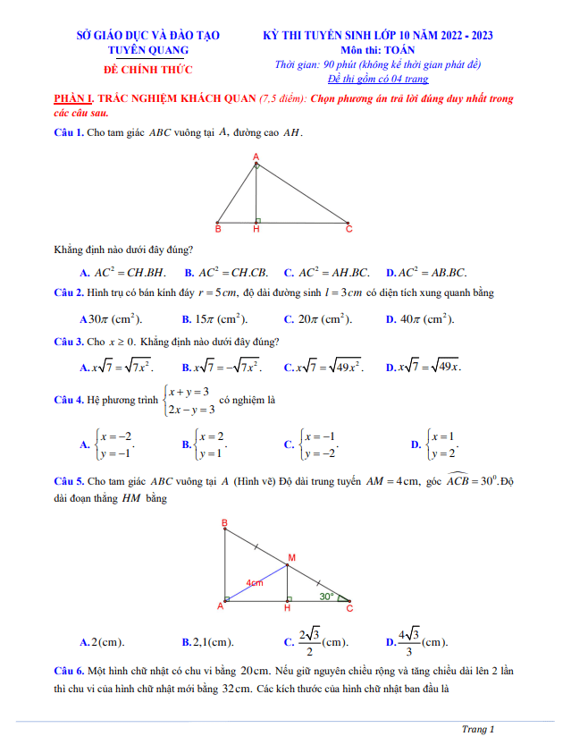 de tuyen sinh thpt mon toan nam 2022 2023 so gd dt tuyen quang d