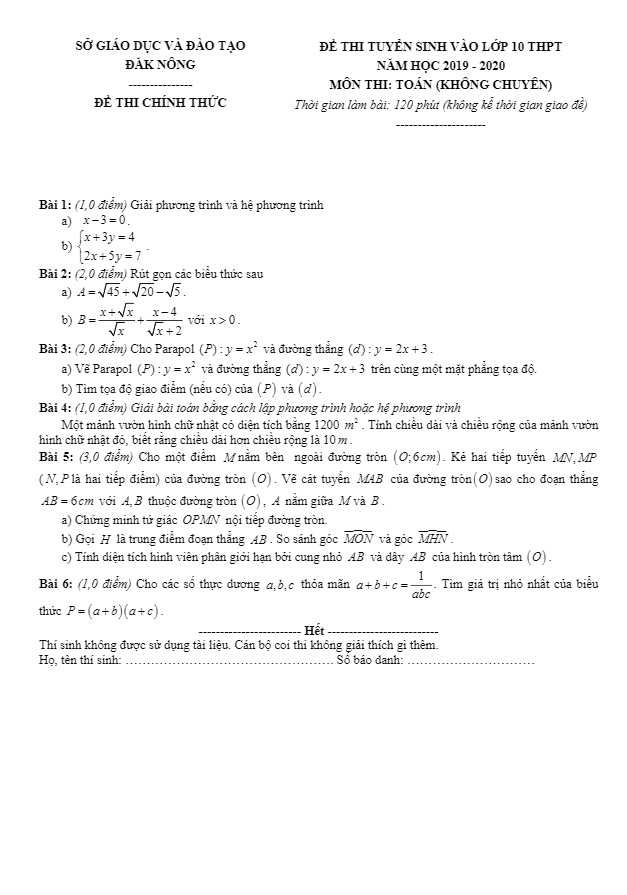 de tuyen sinh thpt nam 2019 2020 mon toan so gd dt dak nong d