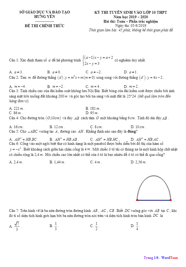de tuyen sinh thpt nam 2019 2020 mon toan so gd dt hung yen d