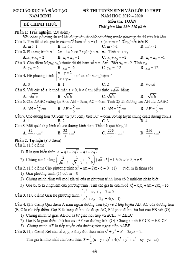 de tuyen sinh thpt nam 2019 2020 mon toan so gd dt nam dinh d