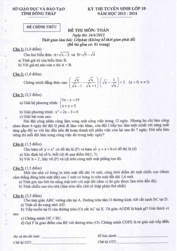 de tuyen sinh vao 10 mon toan nam 2013 2014 so gd dt dong thap d