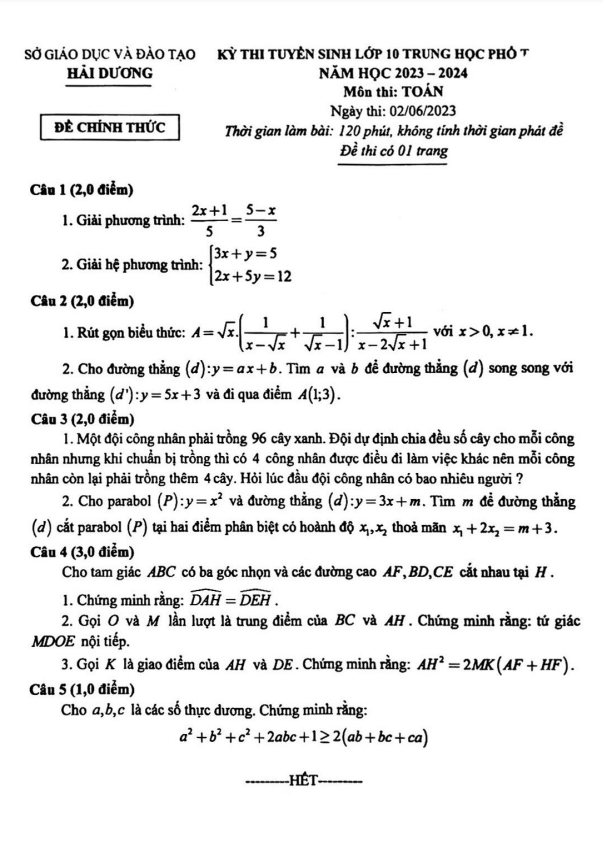 de tuyen sinh vao mon toan nam 2023 2024 so gd dt hai duong d