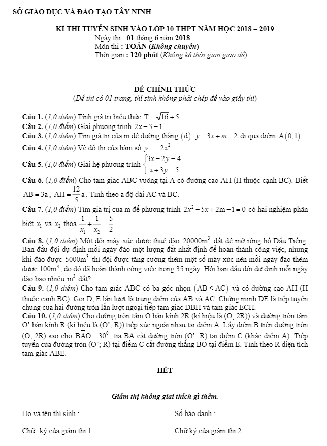 de tuyen sinh vao thpt 2018 2019 mon toan so gd va dt tay ninh khong chuyen d