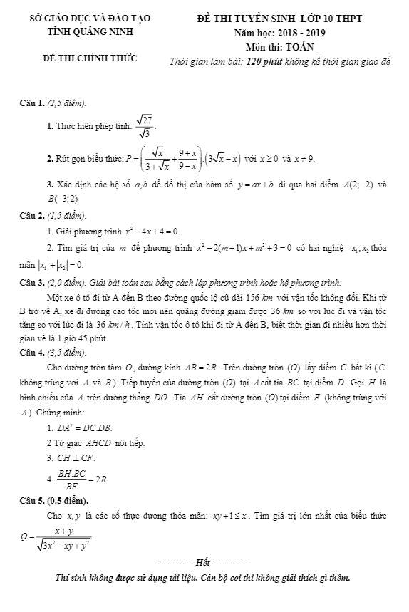 de tuyen sinh vao thpt mon toan nam 2018 2019 so gd va dt quang ninh d
