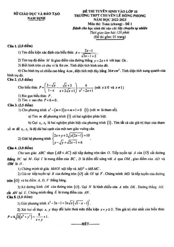 Đề vào môn Toán (chung) năm 2022 2023 trường chuyên Lê Hồng Phong Nam Định 8 de vao mon toan chung nam 2022 2023 truong chuyen le hong phong nam dinh d