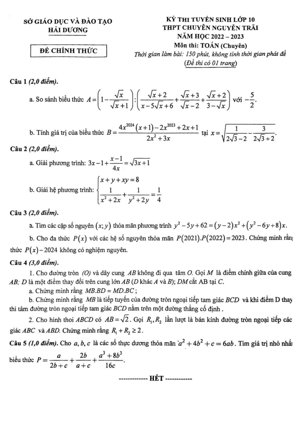 Đề vào môn Toán (chuyên) 2022 2023 trường chuyên Nguyễn Trãi Hải Dương 8 de vao mon toan chuyen 2022 2023 truong chuyen nguyen trai hai duong d